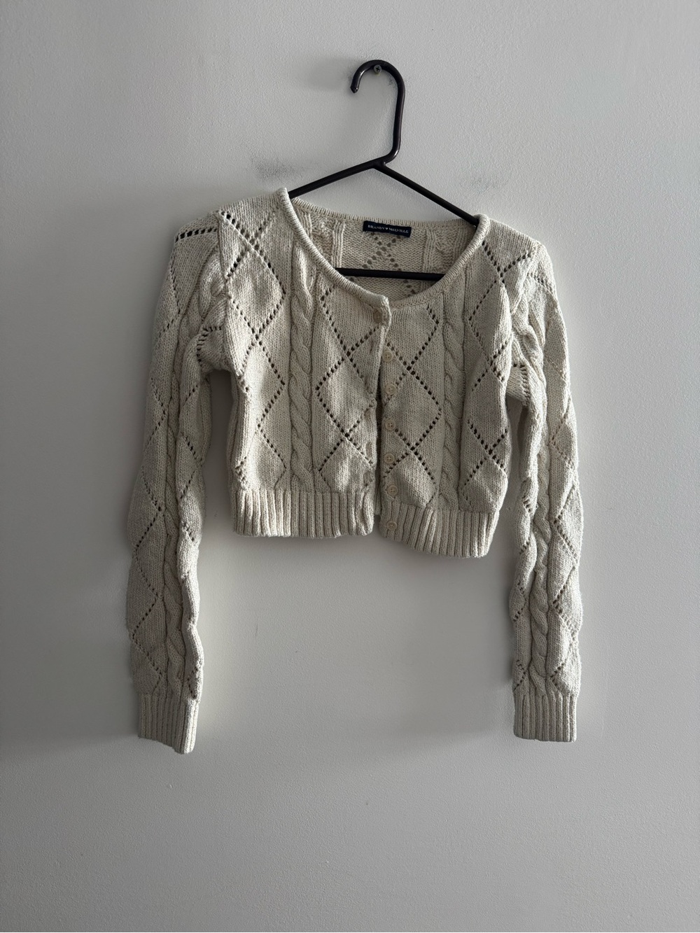 Brandy Melville Cropped Crochet-Knit Cream Button-Front Cardigan